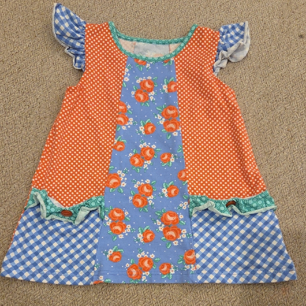 Girls Orange & Blue Patchwork Floral Casual Dress